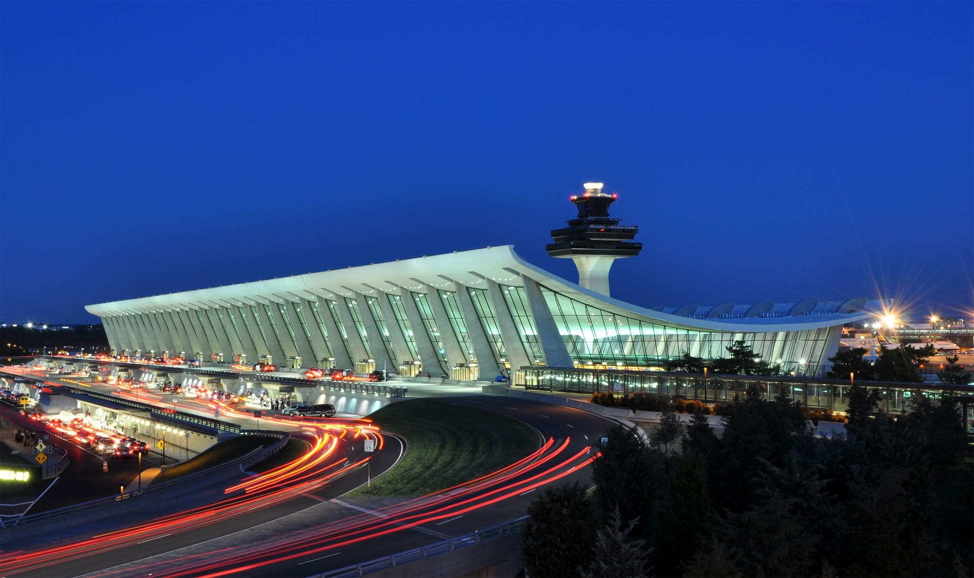 Airport terminal at dusk